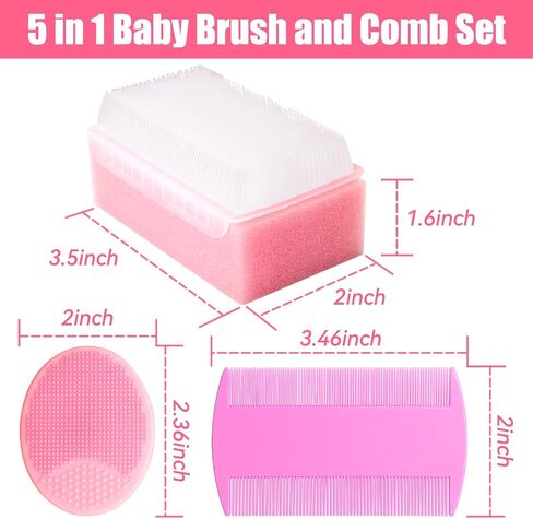 Cradle Cap Brush for Babies, 5Pcs Cradle Cap Treatment Set with Soft Bristle Brushes Silicone Scrubber Fine-Tooth Comb for Newborn Bathing Essentials Baby Brush and Comb Set (Pink) in Kuwait