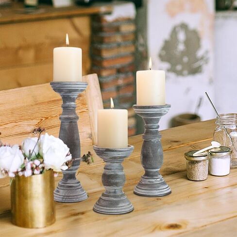 Rustic Wooden Pillar Candle Holders Set of 3, 12'' 9'' 6'' Farmhouse Wood Candle Stand for Table Centerpieces, Vintage Tall Candleholders Fireplace Mantel Decor for Living Room, Grey in Kuwait