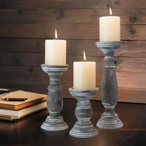 Rustic Wooden Pillar Candle Holders Set of 3, 12'' 9'' 6'' Farmhouse Wood Candle Stand for Table Centerpieces, Vintage Tall Candleholders Fireplace Mantel Decor for Living Room, Grey in Kuwait