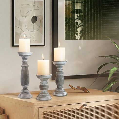 Rustic Wooden Pillar Candle Holders Set of 3, 12'' 9'' 6'' Farmhouse Wood Candle Stand for Table Centerpieces, Vintage Tall Candleholders Fireplace Mantel Decor for Living Room, Grey in Kuwait