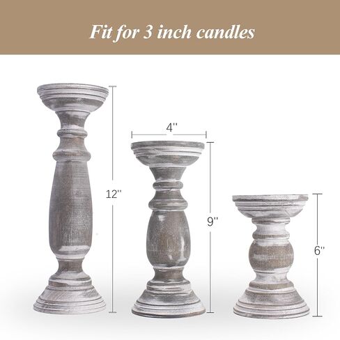 Rustic Wooden Pillar Candle Holders Set of 3, 12'' 9'' 6'' Farmhouse Wood Candle Stand for Table Centerpieces, Vintage Tall Candleholders Fireplace Mantel Decor for Living Room, Grey in Kuwait