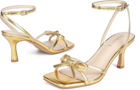Kitten Heels with Bow Strappy Heels for Women Square Open Toe Mid Heeled Sandals in Saudi Arabia
