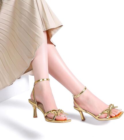 Kitten Heels with Bow Strappy Heels for Women Square Open Toe Mid Heeled Sandals in Saudi Arabia