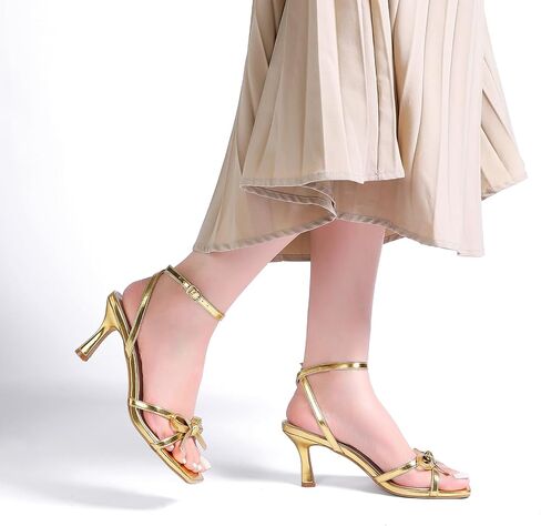 Kitten Heels with Bow Strappy Heels for Women Square Open Toe Mid Heeled Sandals in Saudi Arabia