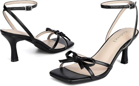 Kitten Heels with Bow Strappy Heels for Women Square Open Toe Mid Heeled Sandals in Saudi Arabia