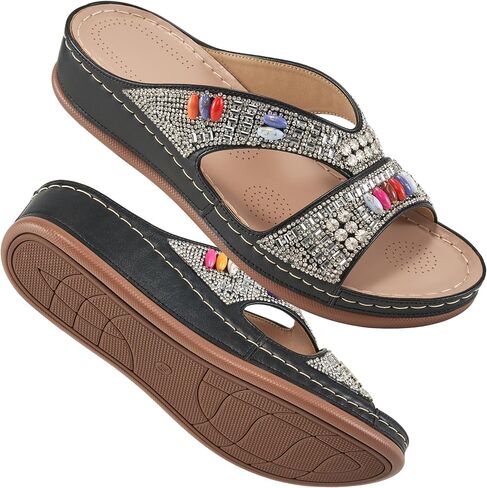 Ecetana Womens Sandals Wedge Slides Dressy Summer Rhinestone Beaded Bohemian Platform Comfortable Casual Shoes in Saudi Arabia