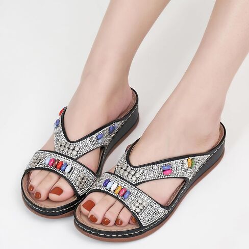 Ecetana Womens Sandals Wedge Slides Dressy Summer Rhinestone Beaded Bohemian Platform Comfortable Casual Shoes in Saudi Arabia