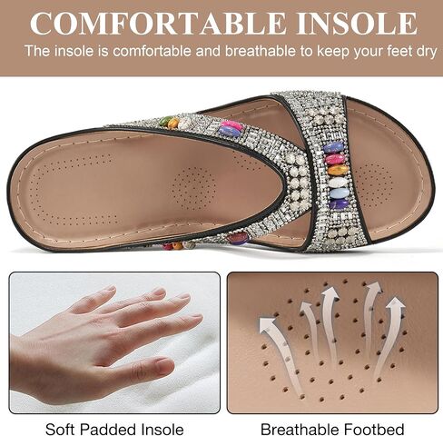 Ecetana Womens Sandals Wedge Slides Dressy Summer Rhinestone Beaded Bohemian Platform Comfortable Casual Shoes in Saudi Arabia
