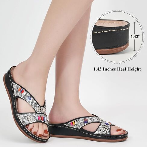 Ecetana Womens Sandals Wedge Slides Dressy Summer Rhinestone Beaded Bohemian Platform Comfortable Casual Shoes in Saudi Arabia