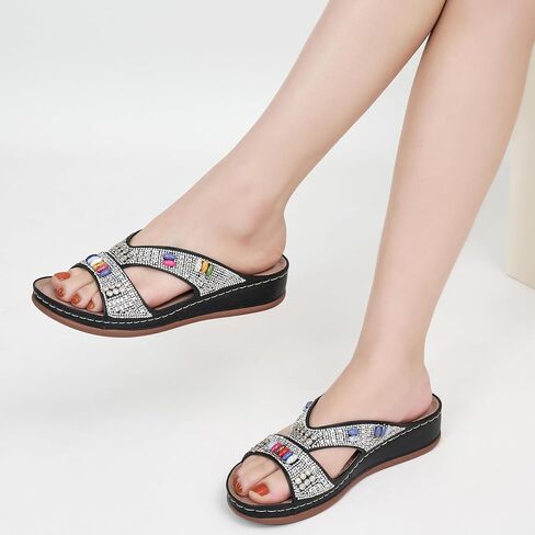 Ecetana Womens Sandals Wedge Slides Dressy Summer Rhinestone Beaded Bohemian Platform Comfortable Casual Shoes in Saudi Arabia