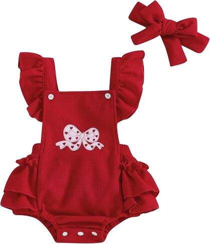 Adobabirl Baby Girl Ruffle Romper Dress Sleeveless Bowknot Embroidery Jumpsuit Valentines Outfit Newborn Clothes in Kuwait