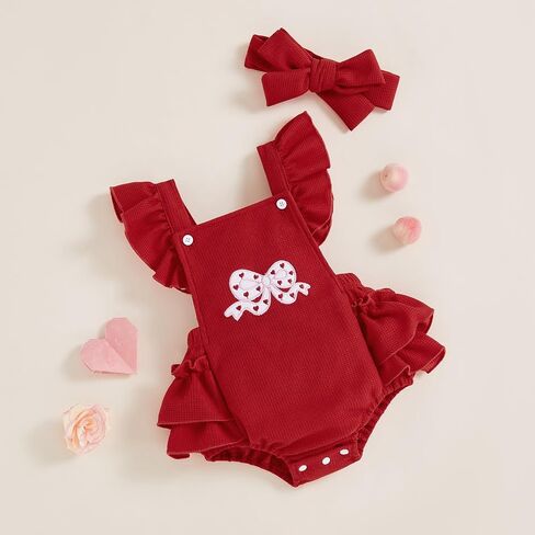 Adobabirl Baby Girl Ruffle Romper Dress Sleeveless Bowknot Embroidery Jumpsuit Valentines Outfit Newborn Clothes in Kuwait