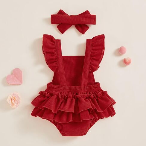 Adobabirl Baby Girl Ruffle Romper Dress Sleeveless Bowknot Embroidery Jumpsuit Valentines Outfit Newborn Clothes in Kuwait