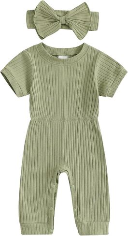 Ledy Champswiin Newborn Girl Summer Clothes Baby Short Sleeve Romper Solid Ribbed Jumpsuit with Headband Infant Outfit in Saudi Arabia