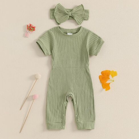 Ledy Champswiin Newborn Girl Summer Clothes Baby Short Sleeve Romper Solid Ribbed Jumpsuit with Headband Infant Outfit in Saudi Arabia