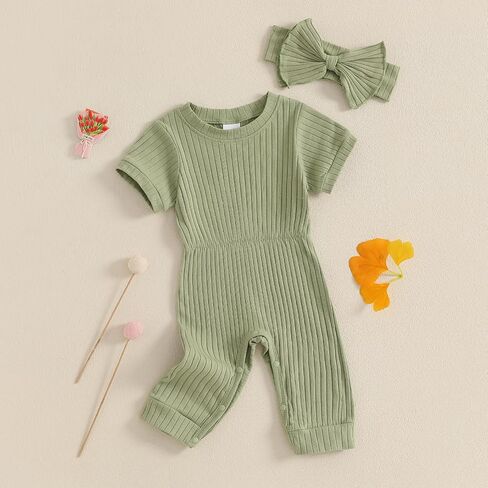 Ledy Champswiin Newborn Girl Summer Clothes Baby Short Sleeve Romper Solid Ribbed Jumpsuit with Headband Infant Outfit in Saudi Arabia