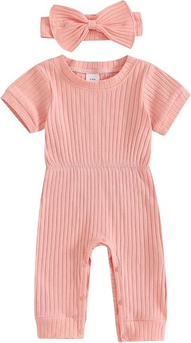 Ledy Champswiin Newborn Girl Summer Clothes Baby Short Sleeve Romper Solid Ribbed Jumpsuit with Headband Infant Outfit in Saudi Arabia