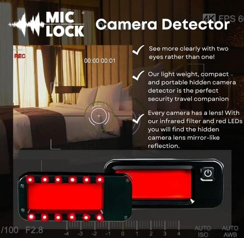 مكتشف كاميرا Mic -lock - كاشف كاميرات مخفيات مضاد للجاسمة - اجتماعات أعمال آمنة ، فنادق وتأجير العطلات (أسود) in Kuwait