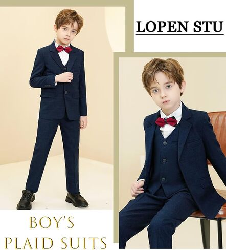 Boy's Suit Kids Plaid Suits for Boy Wedding Outfits Boys Plaid Blazer Vest Pants Ties Formal Suit Set in Saudi Arabia