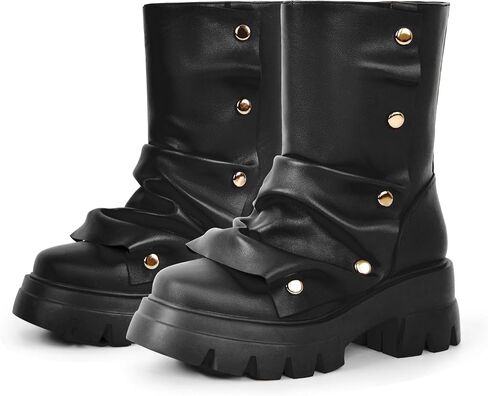 richealnini Women's Platform Punk Boots Slouch Fold Over Ankle Boots Pull On Ruched Boots in Saudi Arabia