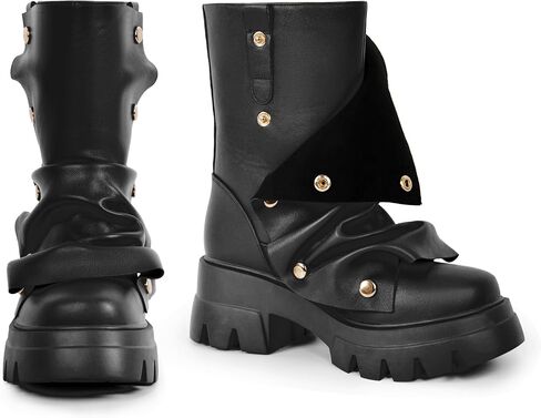 richealnini Women's Platform Punk Boots Slouch Fold Over Ankle Boots Pull On Ruched Boots in Saudi Arabia