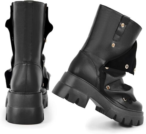richealnini Women's Platform Punk Boots Slouch Fold Over Ankle Boots Pull On Ruched Boots in Saudi Arabia
