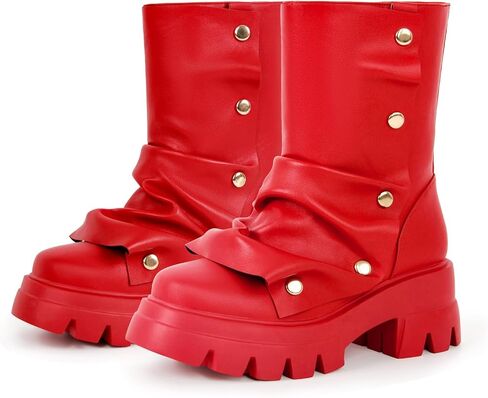 richealnini Women's Platform Punk Boots Slouch Fold Over Ankle Boots Pull On Ruched Boots in Saudi Arabia