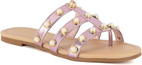 صندل الشريحة النسائية المصنوعة من الأزياء - شريحة مسطحة ومريحة ومريحة وخضرة وشرائح لؤلؤة منتفخة لارتداء غير رسمي وصيف in Kuwait