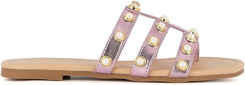 صندل الشريحة النسائية المصنوعة من الأزياء - شريحة مسطحة ومريحة ومريحة وخضرة وشرائح لؤلؤة منتفخة لارتداء غير رسمي وصيف in Kuwait