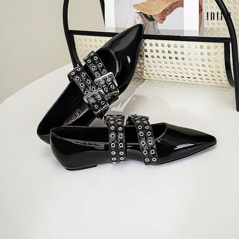 IDIFU Mary Jane Ballet Flats for Women Closed Pointed Toe Double Straps Slip on Buckle Shoes Work Bridal Wedding Prom Office Ladies Casual Dress Shoes Comfortable Fashion Trendy Dressy Flat Shoes in Kuwait
