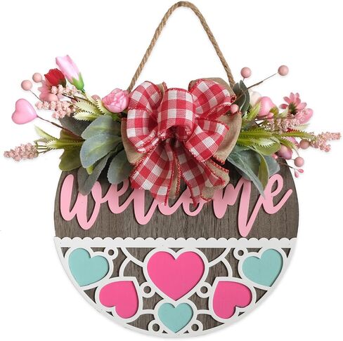 Valentine's Day Wooden Wreaths Sign with Artificial Berry Decoration, Hearts and Buffalo Bow Farmhouse Entrance Outdoor Art Wall Decor in Saudi Arabia