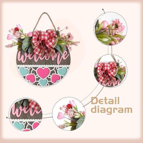 Valentine's Day Wooden Wreaths Sign with Artificial Berry Decoration, Hearts and Buffalo Bow Farmhouse Entrance Outdoor Art Wall Decor in Saudi Arabia