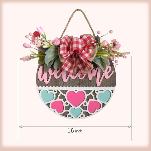 Valentine's Day Wooden Wreaths Sign with Artificial Berry Decoration, Hearts and Buffalo Bow Farmhouse Entrance Outdoor Art Wall Decor in Saudi Arabia