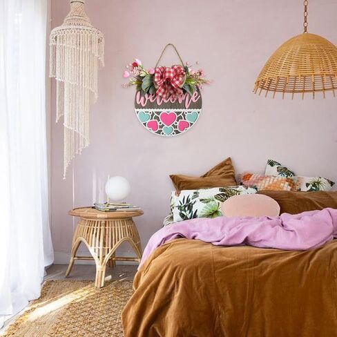 Valentine's Day Wooden Wreaths Sign with Artificial Berry Decoration, Hearts and Buffalo Bow Farmhouse Entrance Outdoor Art Wall Decor in Saudi Arabia