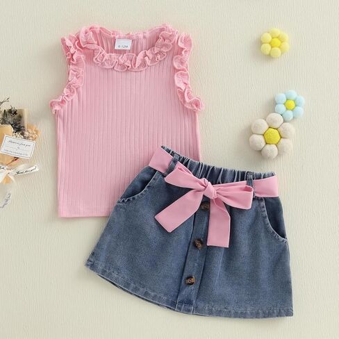 Toddler Girls Summer Outfits Solid Color Ruffle Sleeveless Tank Tops Vest Denim Skirts Kids Fashion 2 Piece Outfits in Kuwait