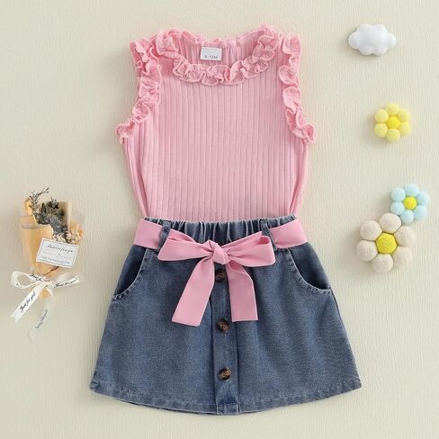 Toddler Girls Summer Outfits Solid Color Ruffle Sleeveless Tank Tops Vest Denim Skirts Kids Fashion 2 Piece Outfits in Kuwait