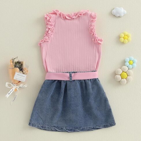Toddler Girls Summer Outfits Solid Color Ruffle Sleeveless Tank Tops Vest Denim Skirts Kids Fashion 2 Piece Outfits in Kuwait