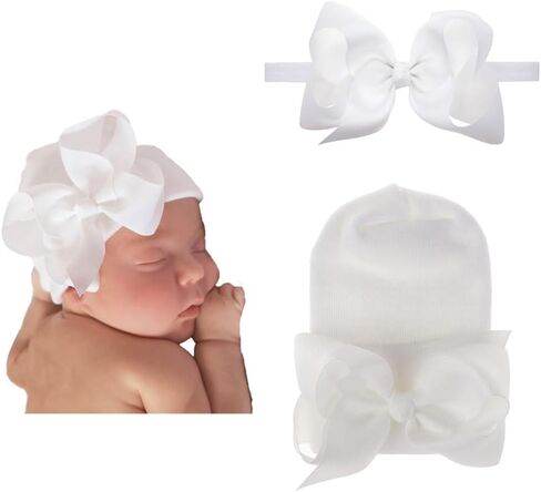 2PCS Newborn Baby Hat Infant Caps Baby Boy Girl Toddler Hospital Hats Bow Double Layer Knit Beanie Cap With Headband for 0-3 Months(white, elastic) in Saudi Arabia
