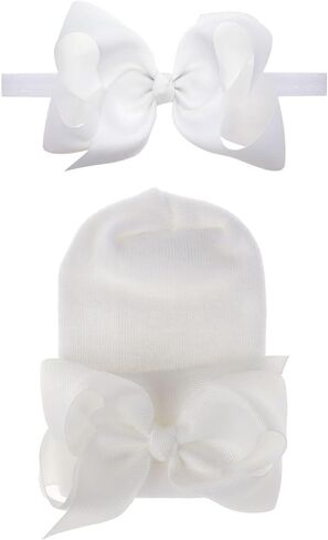 2PCS Newborn Baby Hat Infant Caps Baby Boy Girl Toddler Hospital Hats Bow Double Layer Knit Beanie Cap With Headband for 0-3 Months(white, elastic) in Saudi Arabia