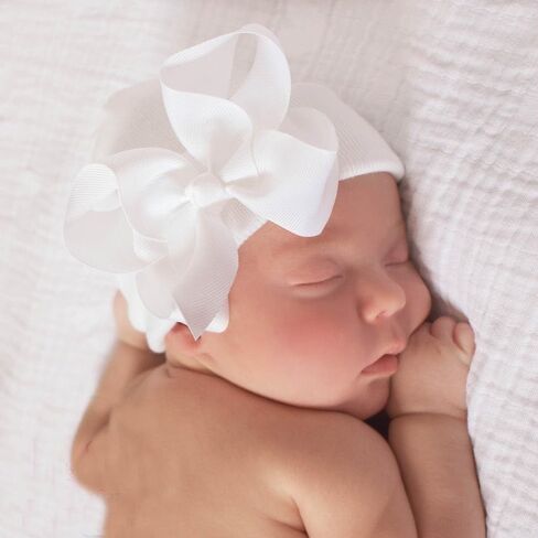 2PCS Newborn Baby Hat Infant Caps Baby Boy Girl Toddler Hospital Hats Bow Double Layer Knit Beanie Cap With Headband for 0-3 Months(white, elastic) in Saudi Arabia