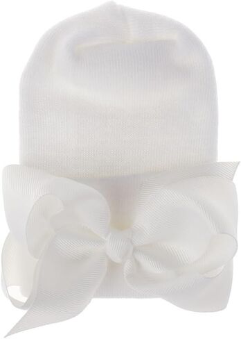 2PCS Newborn Baby Hat Infant Caps Baby Boy Girl Toddler Hospital Hats Bow Double Layer Knit Beanie Cap With Headband for 0-3 Months(white, elastic) in Saudi Arabia