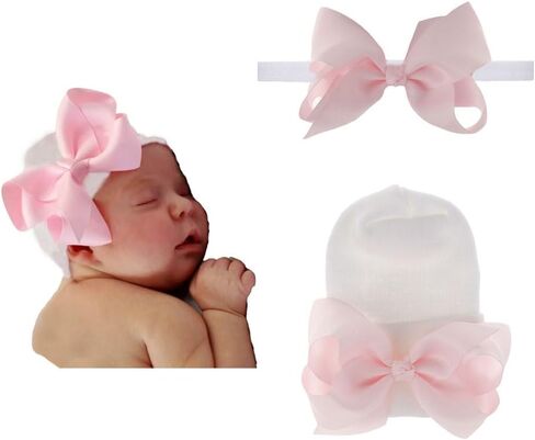 2PCS Newborn Baby Hat Infant Caps Baby Boy Girl Toddler Hospital Hats Bow Double Layer Knit Beanie Cap With Headband for 0-3 Months(white, elastic) in Saudi Arabia