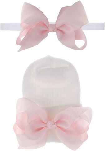 2PCS Newborn Baby Hat Infant Caps Baby Boy Girl Toddler Hospital Hats Bow Double Layer Knit Beanie Cap With Headband for 0-3 Months(white, elastic) in Saudi Arabia