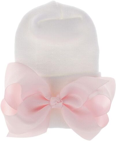 2PCS Newborn Baby Hat Infant Caps Baby Boy Girl Toddler Hospital Hats Bow Double Layer Knit Beanie Cap With Headband for 0-3 Months(white, elastic) in Saudi Arabia
