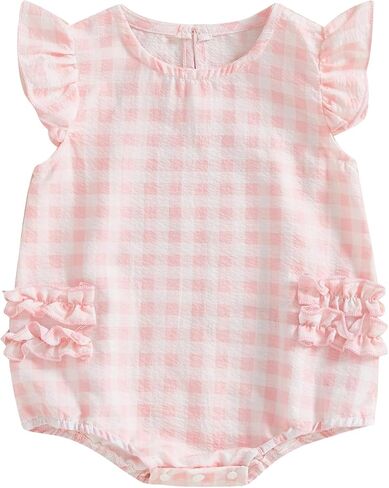 Cute Newborn Baby Girl Romper Plaid/Daisy Print Fly Sleeve Crew Neck Ruffle Bodysuit Spring Summer Clothes in Kuwait