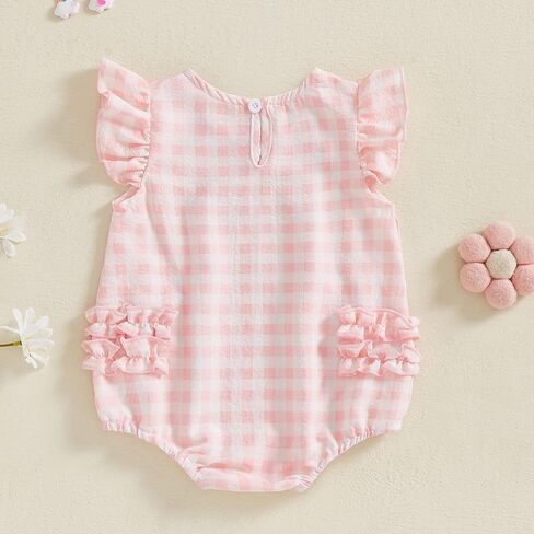 Cute Newborn Baby Girl Romper Plaid/Daisy Print Fly Sleeve Crew Neck Ruffle Bodysuit Spring Summer Clothes in Kuwait