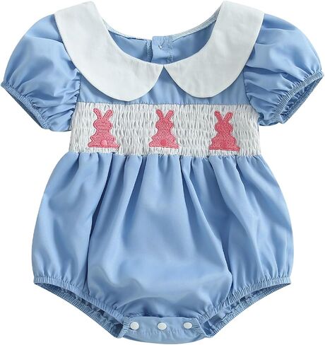 Easter Outfit Baby Girl Cute Bunny Romper Rabbit Embroidery Puff Sleeve Doll Collar Bodysuit Summer Jumpsuit in Saudi Arabia