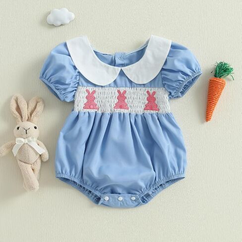 Easter Outfit Baby Girl Cute Bunny Romper Rabbit Embroidery Puff Sleeve Doll Collar Bodysuit Summer Jumpsuit in Saudi Arabia
