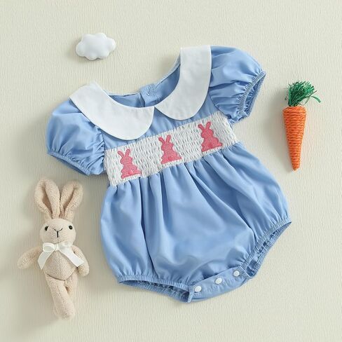 Easter Outfit Baby Girl Cute Bunny Romper Rabbit Embroidery Puff Sleeve Doll Collar Bodysuit Summer Jumpsuit in Saudi Arabia