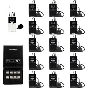 Retekess TT125 Tour Guide Wireless Microphone Headset, Simultaneous Interpretation System,100 Hours Long Battery Life with 16-slot Charging Base (1 Transmitter 15 Receivers)